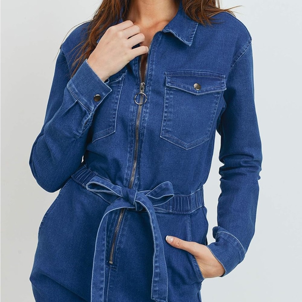 Khanomak Women's Denim Jeans Long Sleeve Jumpsuit Belted One Piece